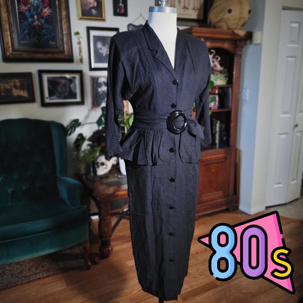 Sally Lou Peplum Sheath Dress Vintage 80s Black Button Up Peplum Belted Size‎ 8